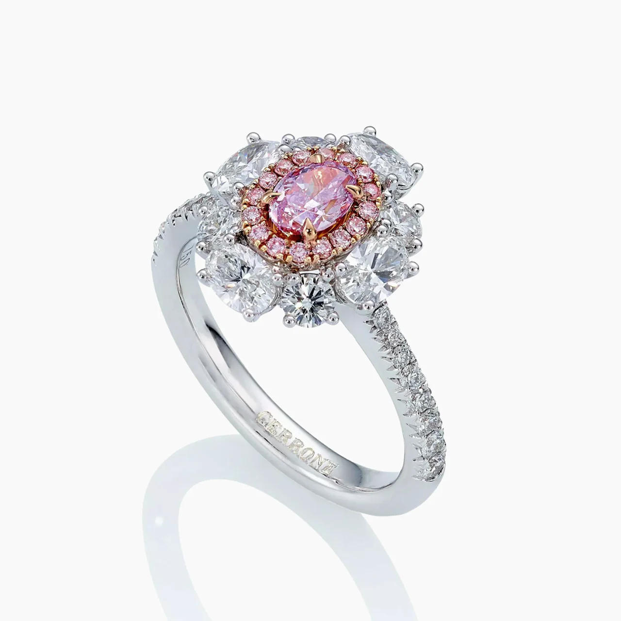 LA MIA STELLA - 18ct white and rose gold fancy intense oval pink and white diamond double halo ring - Image 2