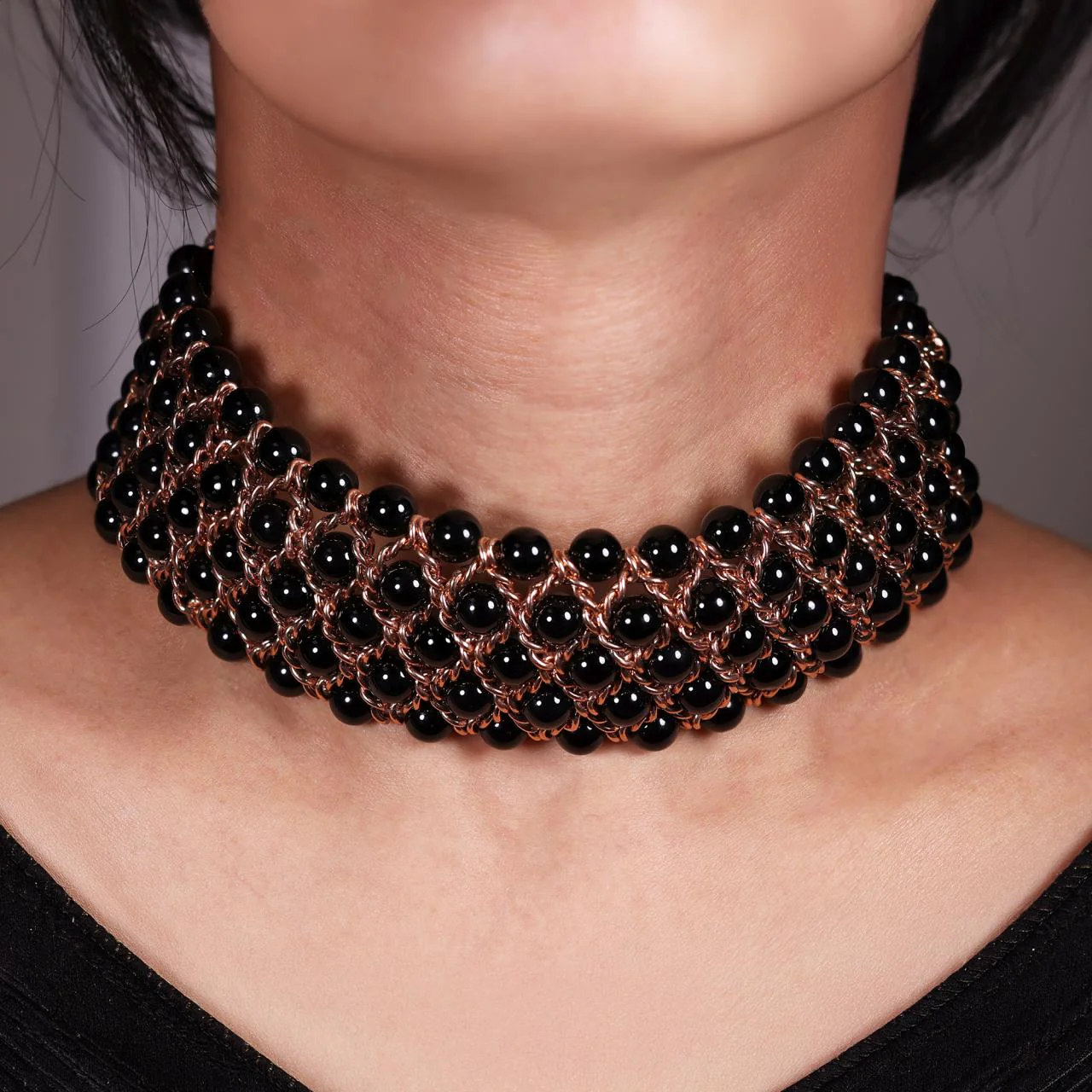 Onyx beads with gold plated silver fittings choker necklace from the Carmela Cerrone Collection - Image 2