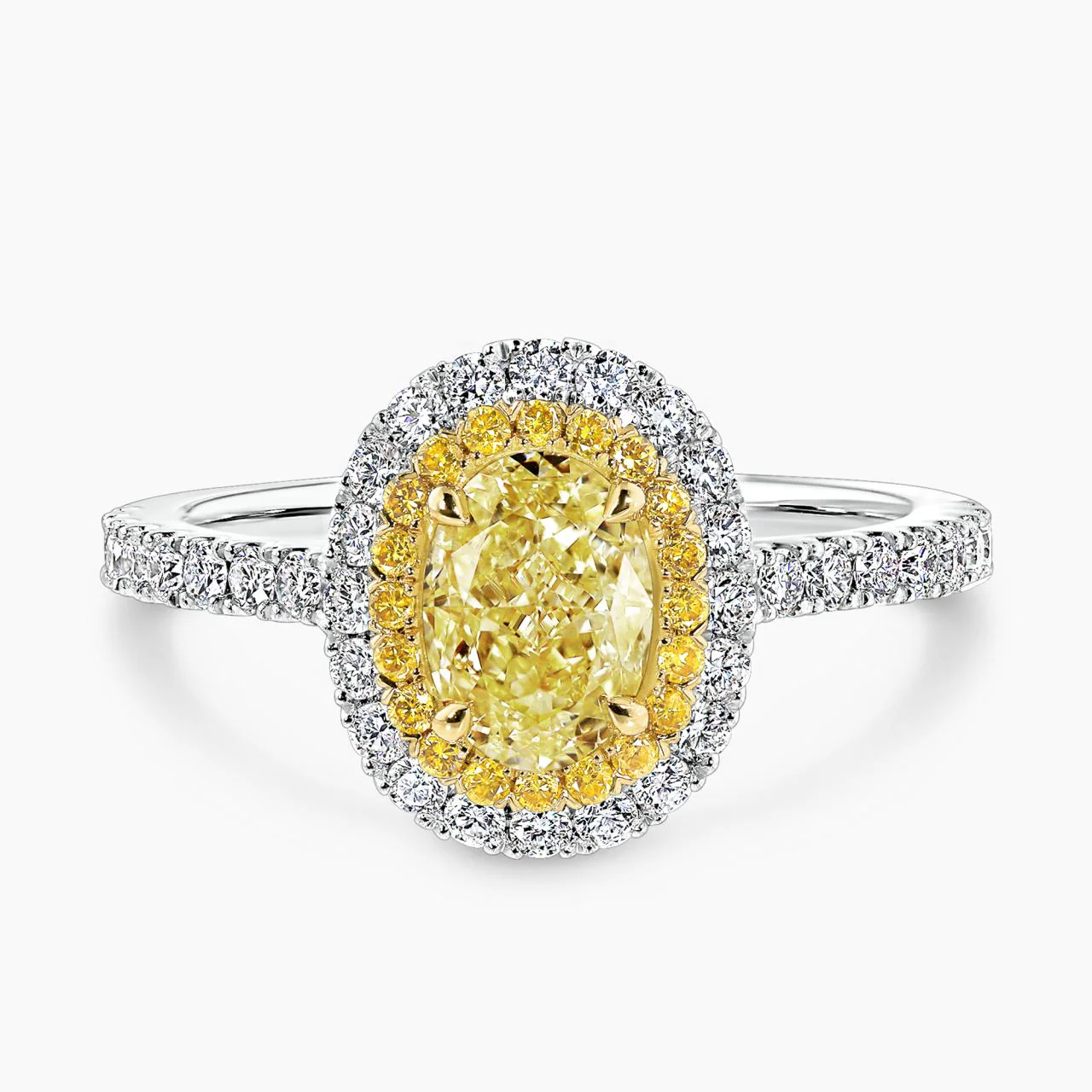 GIRASOLE Platinum and 18ct yellow gold 1.04ct Fancy Intense Yellow oval and round brilliant cut diamond claw set double halo engagement ring
