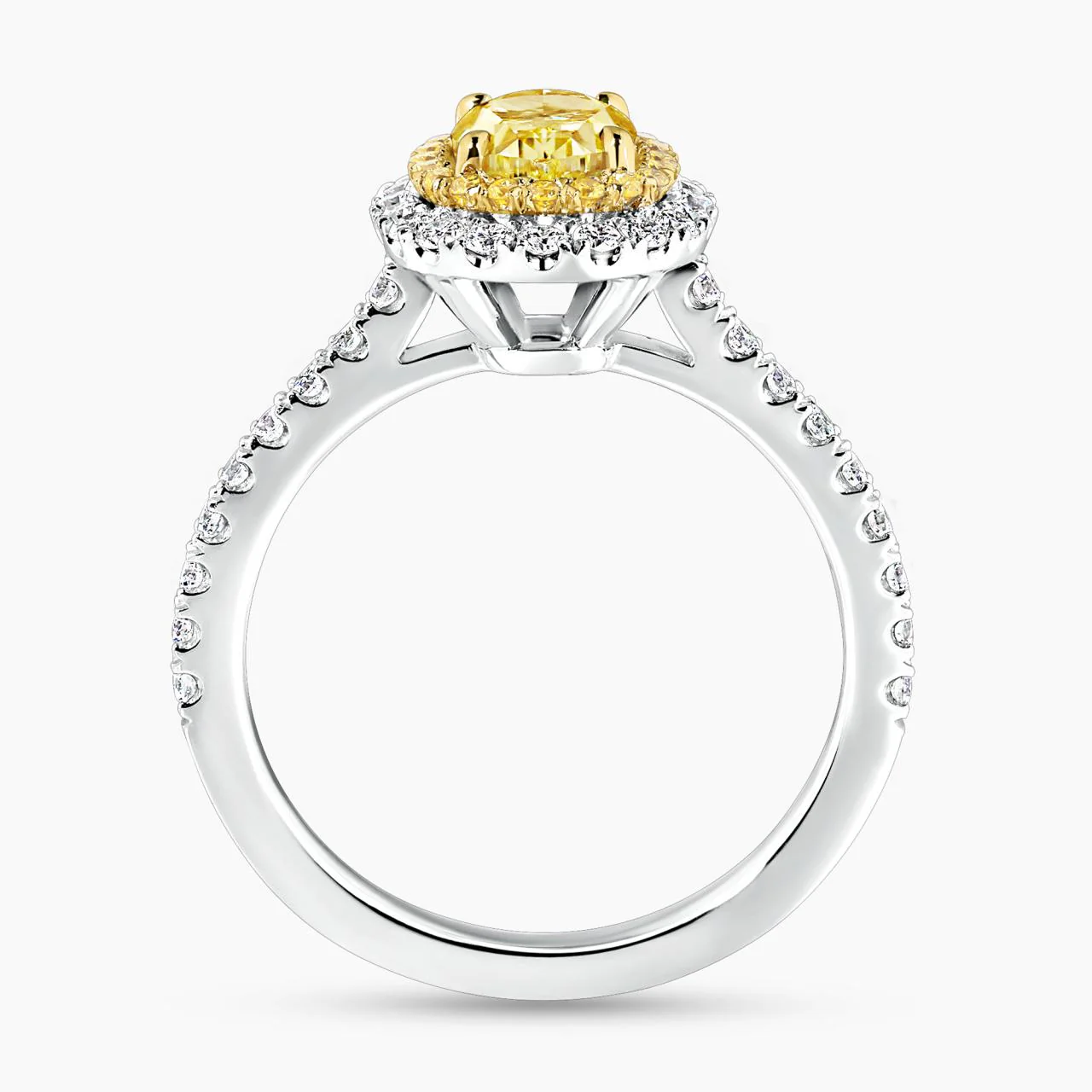 GIRASOLE Platinum and 18ct yellow gold 1.04ct Fancy Intense Yellow oval and round brilliant cut diamond claw set double halo engagement ring - Image 3