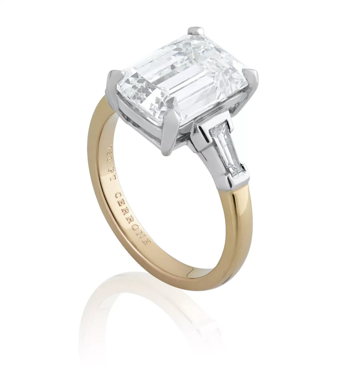 Platinum and rose gold emerald and tapered baguette trilogy engagement ring - Image 2