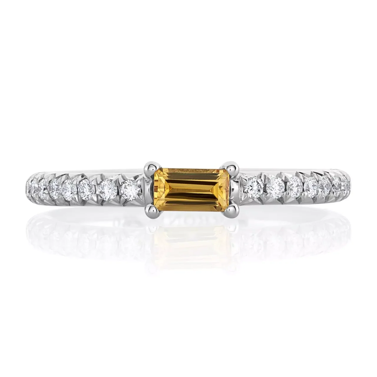 Platinum baguette golden sapphire and round brilliant cut diamond ring