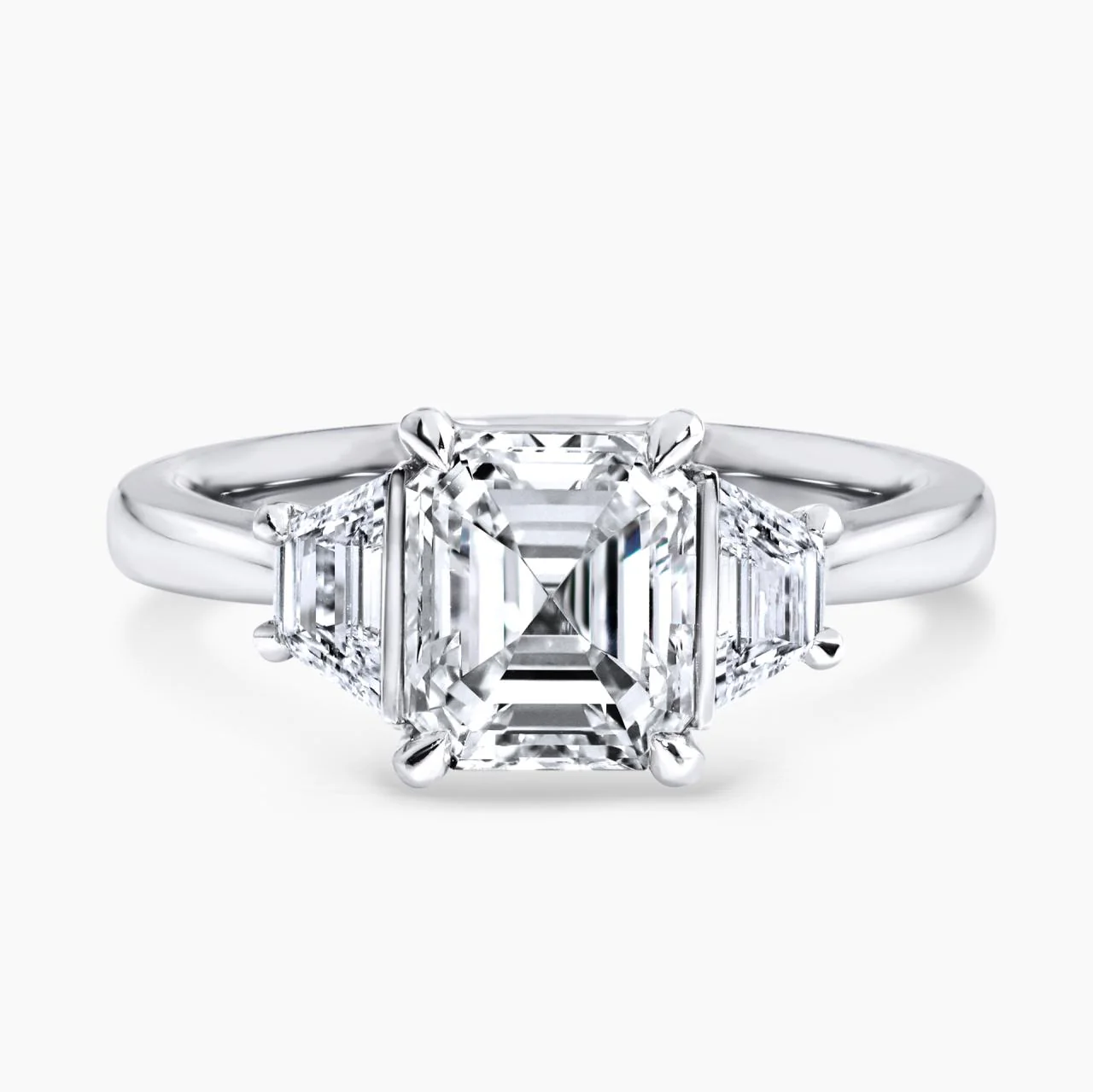 EVELINA Platinum emerald cut and trapezoid step cut diamond engagement ring