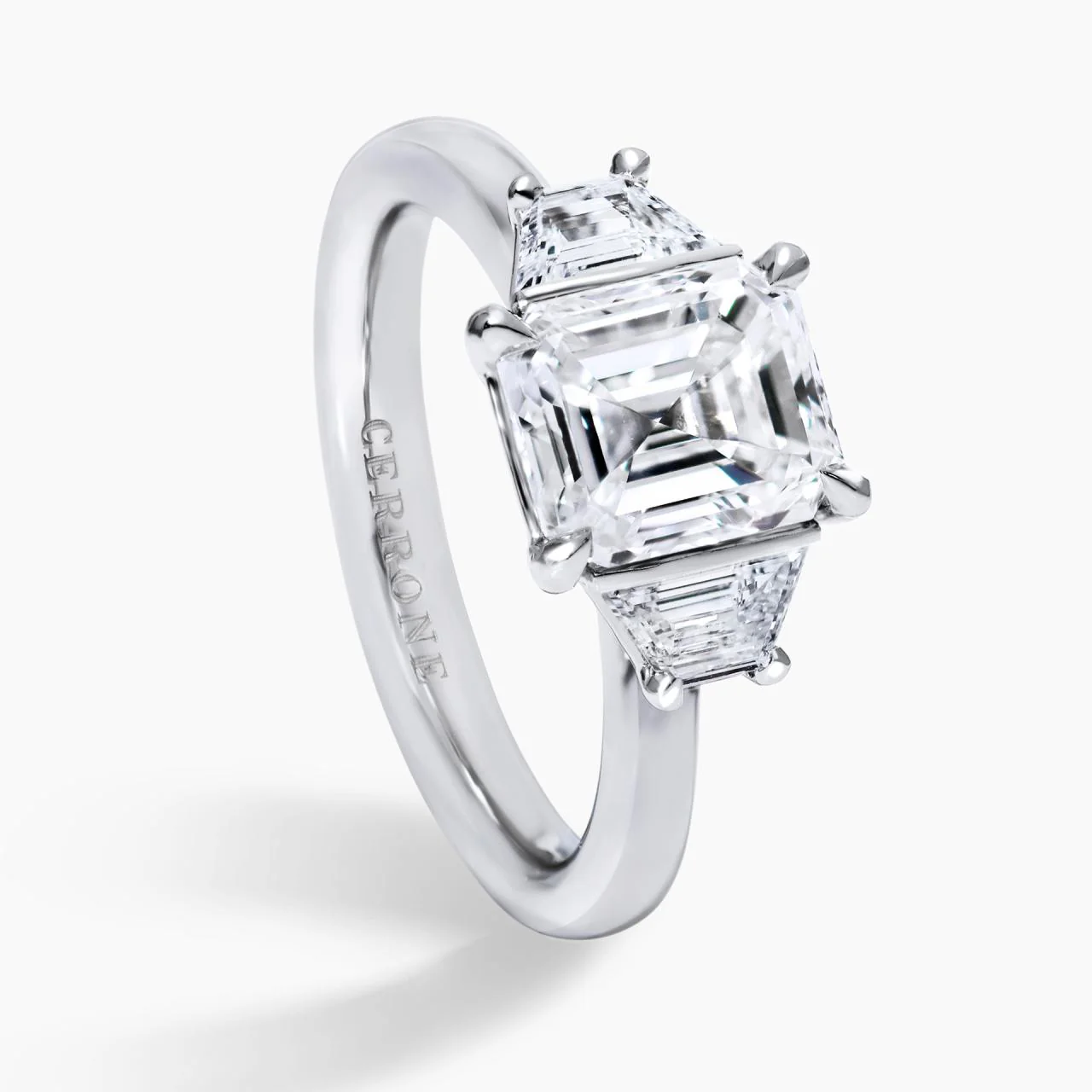 EVELINA Platinum emerald cut and trapezoid step cut diamond engagement ring - Image 2