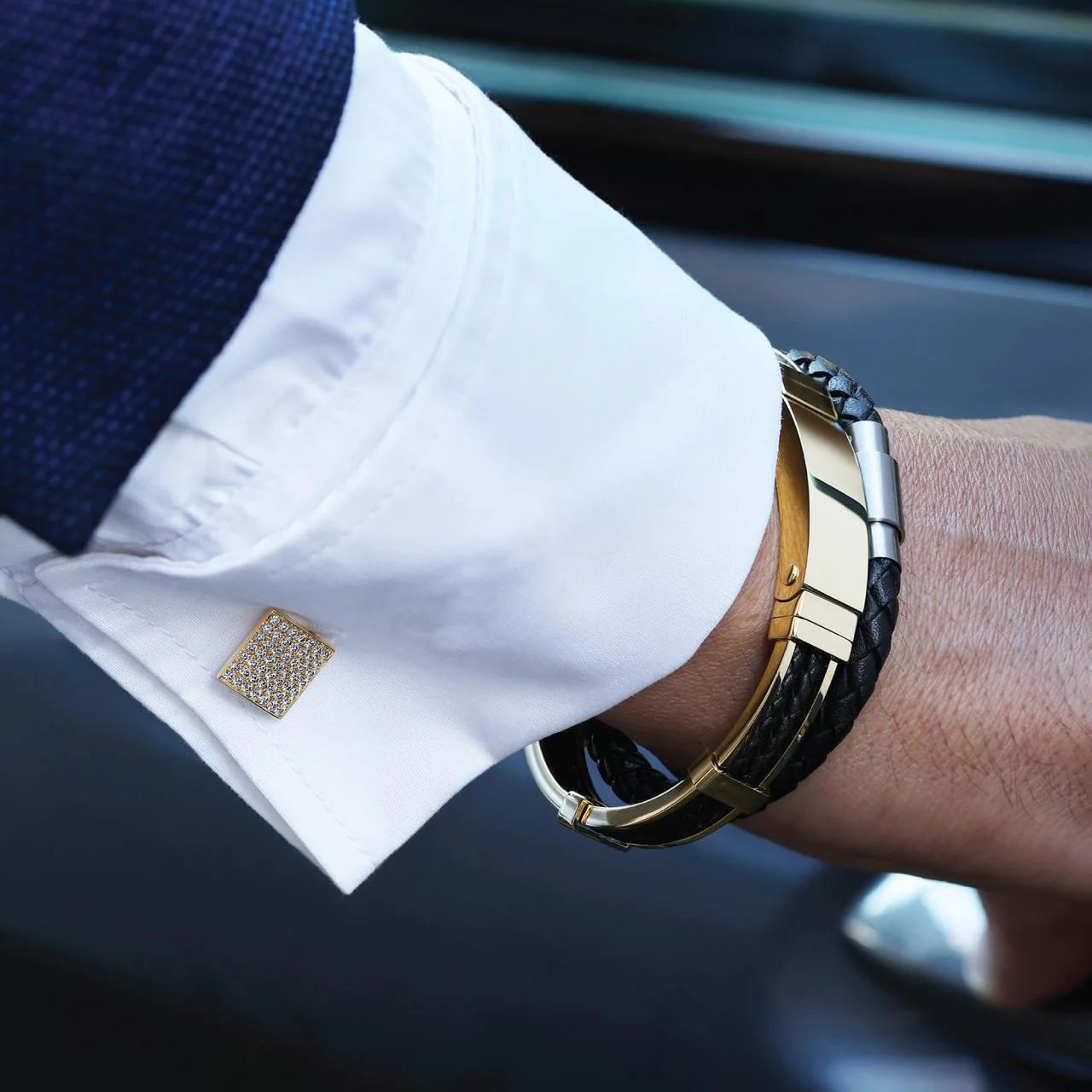 Polished Ion plated gold, stainless steel and platted double strand black leather mens bracelet - Image 2