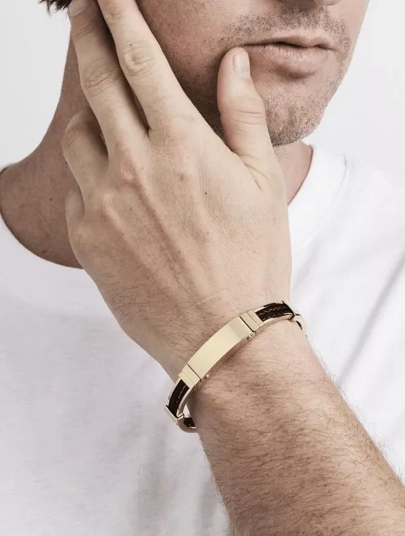 Polished Ion plated gold, stainless steel and platted double strand black leather mens bracelet - Image 3