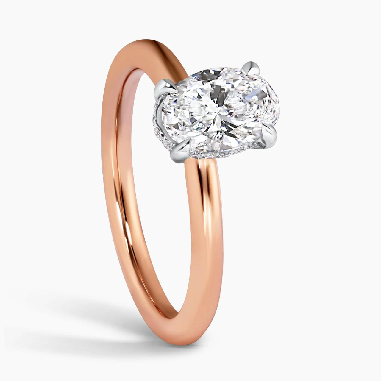 POSITANO DIA 18ct rose and white gold 1.00ct GVS2 oval and round brilliant cut diamond hidden halo pinched band engagement ring