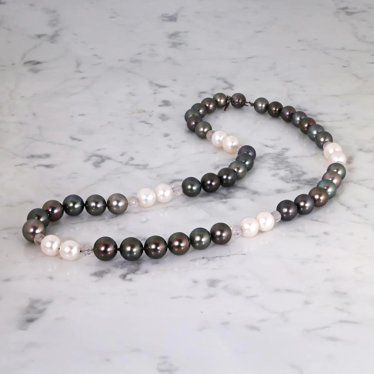 Tahitian and Freshwater pearl necklace with rose quartz & silver clasp